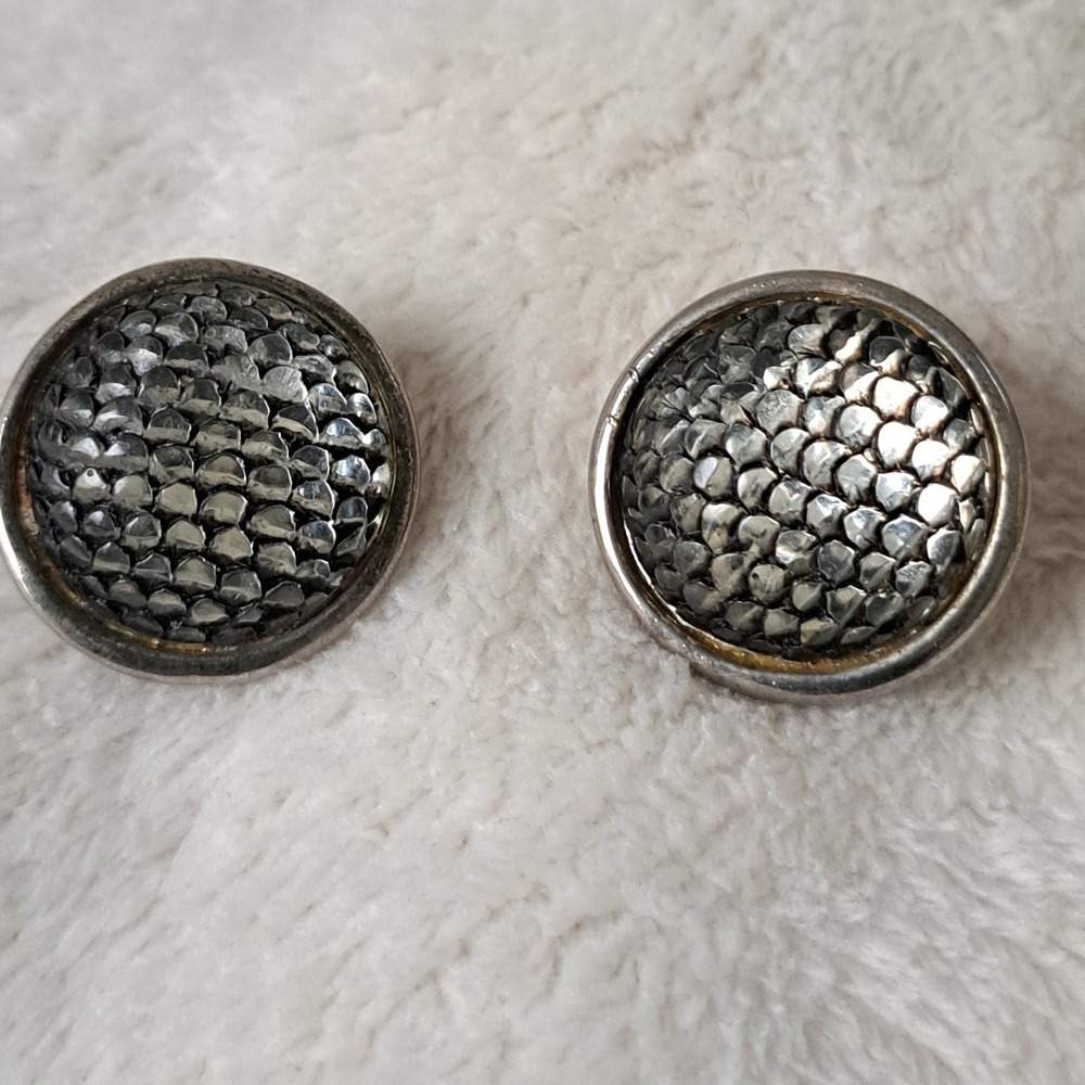 Vintage Textured Scale Stud Earrings Silver Tone Round Metallic Post Backs
